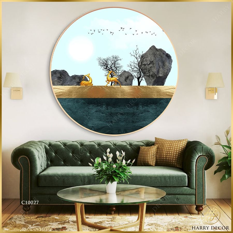  Tranh Tròn Đôi Hươu Trên Thảm Vàng 1 C10027 