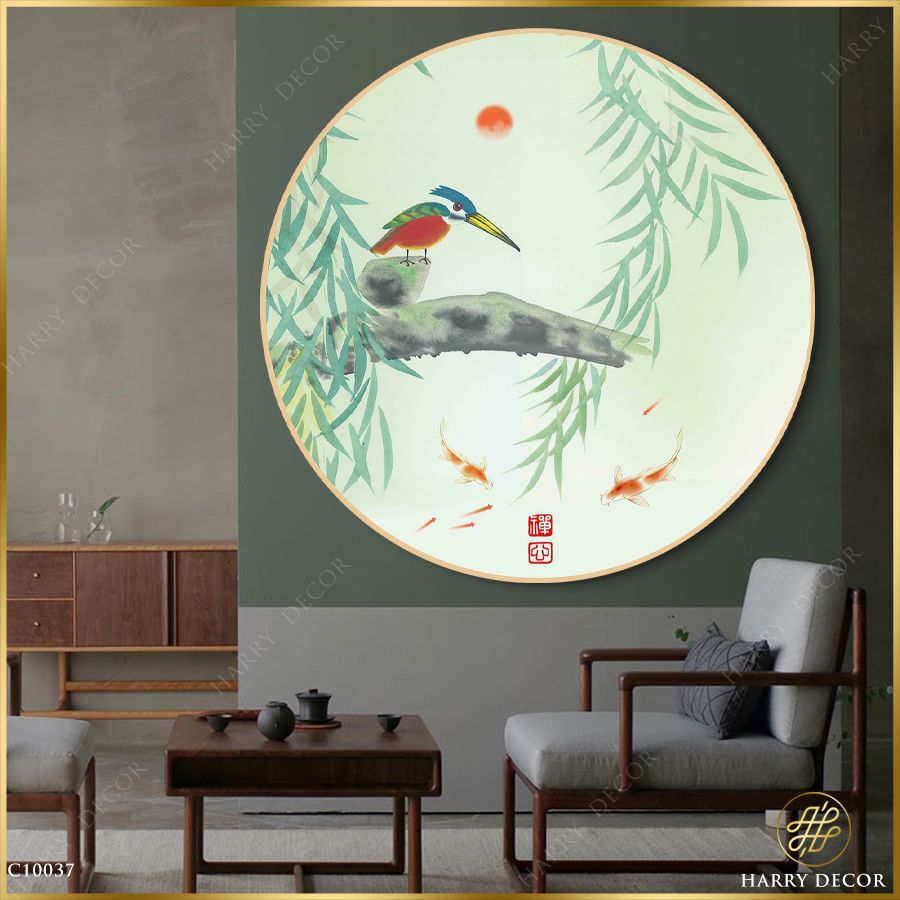  Tranh Tròn Chim Xanh Trên Nhành Liễu Mềm C10037 