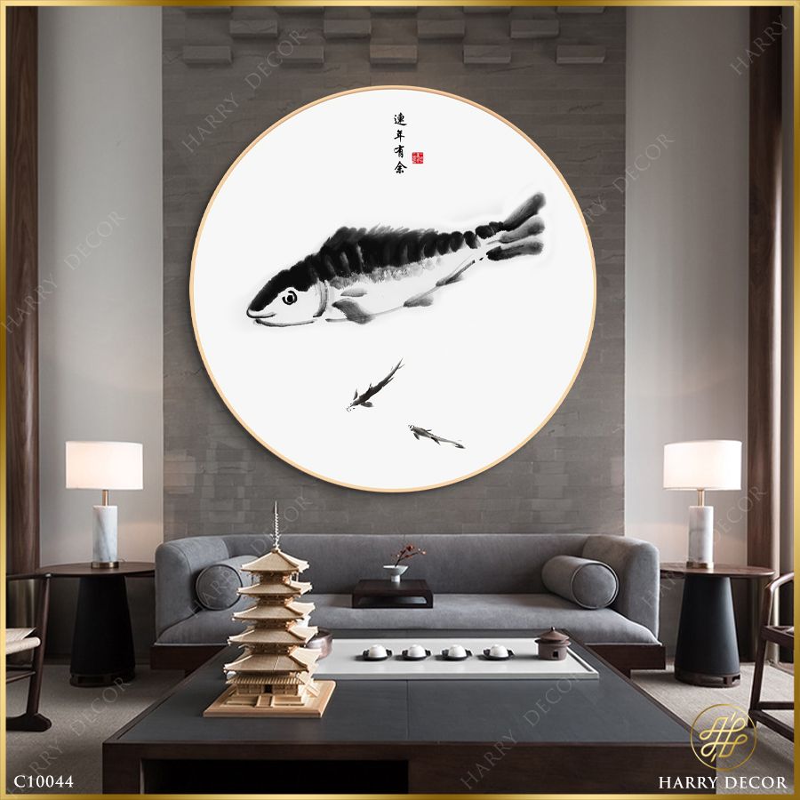  Tranh Tròn Cá Chép Mực Tàu C10044 