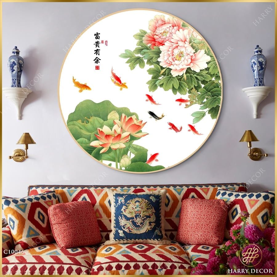  Tranh Tròn Mẫu Đơn Hoa Sen Và Cá Nước C10046 