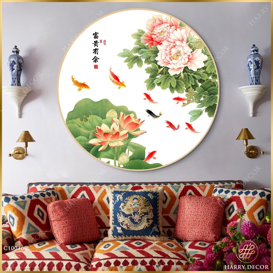  Tranh Tròn Mẫu Đơn Hoa Sen Và Cá Nước C10046 