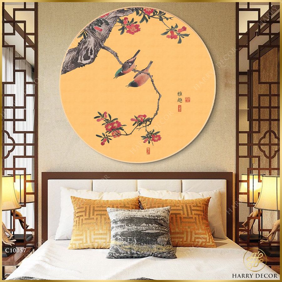  Tranh Tròn Chim Sinh Đôi Trên Cành Hoa Mận C10057 