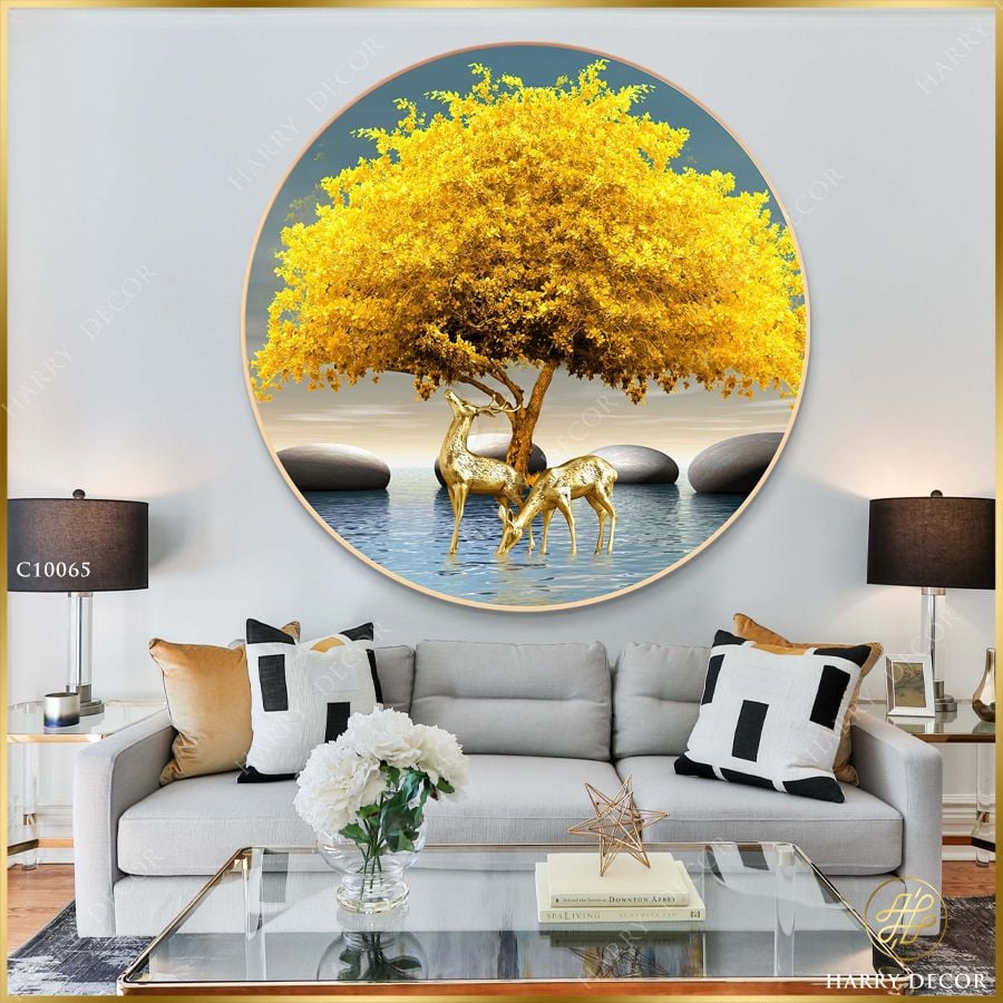  Tranh Tròn Cây Vàng Rợp Lá Hươu Nai C10065 
