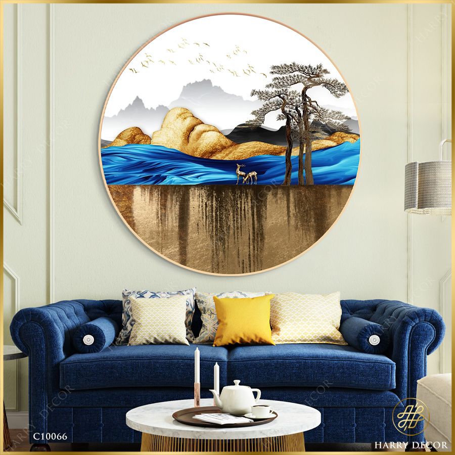  Tranh Tròn Đôi Hươu Trên Thảm Vàng 2 C10066 