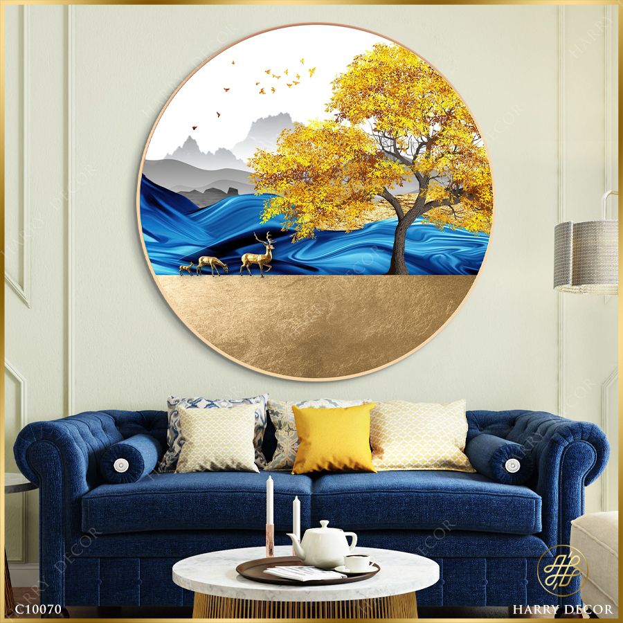  Tranh Tròn Đôi Hươu Trên Thảm Vàng 3 C10070 