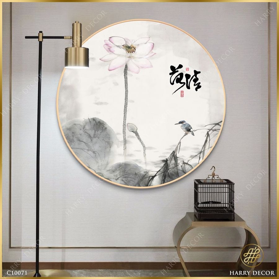  Tranh Tròn Chú Chim Bên Cánh Sen Hồng 1 C10071 