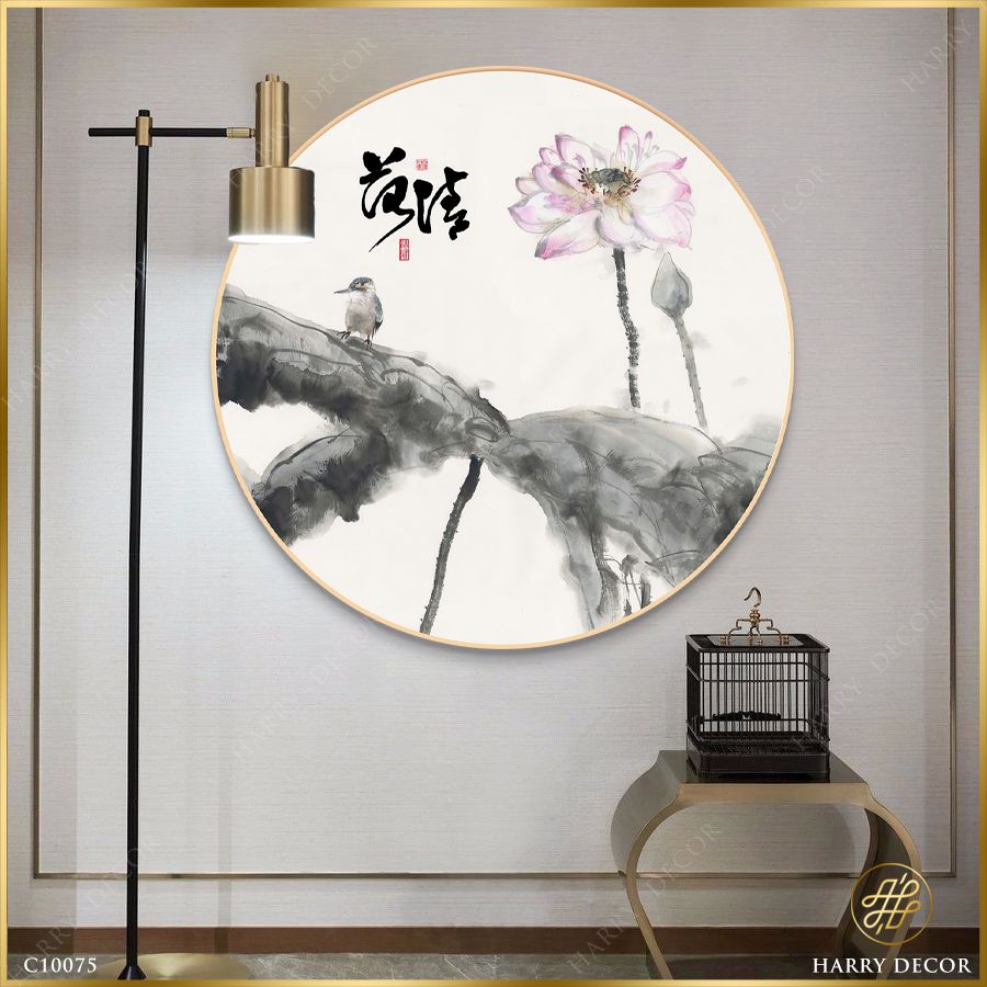  Tranh Tròn Chú Chim Bên Cánh Sen Hồng 3 C10075 