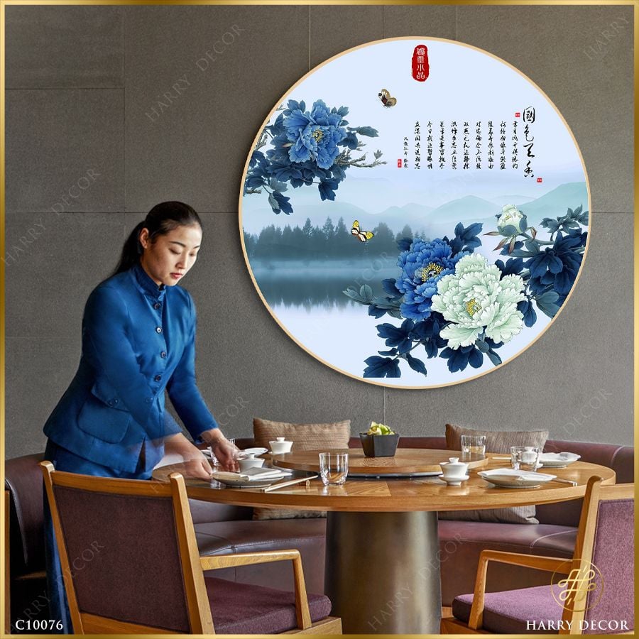  Tranh Tròn Mẫu Đơn Xanh Ngát Bên Hồ C10076 