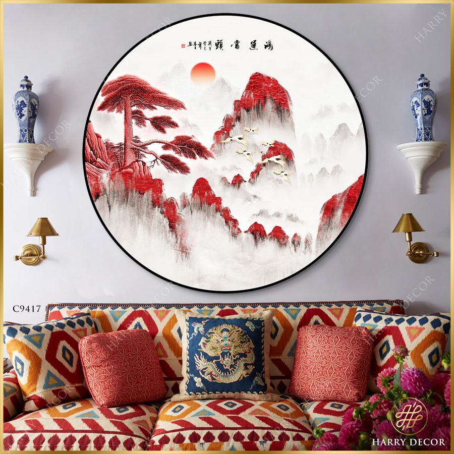  Tranh Tròn Đàn Hạc Bay Chốn Sương Mờ C9417 