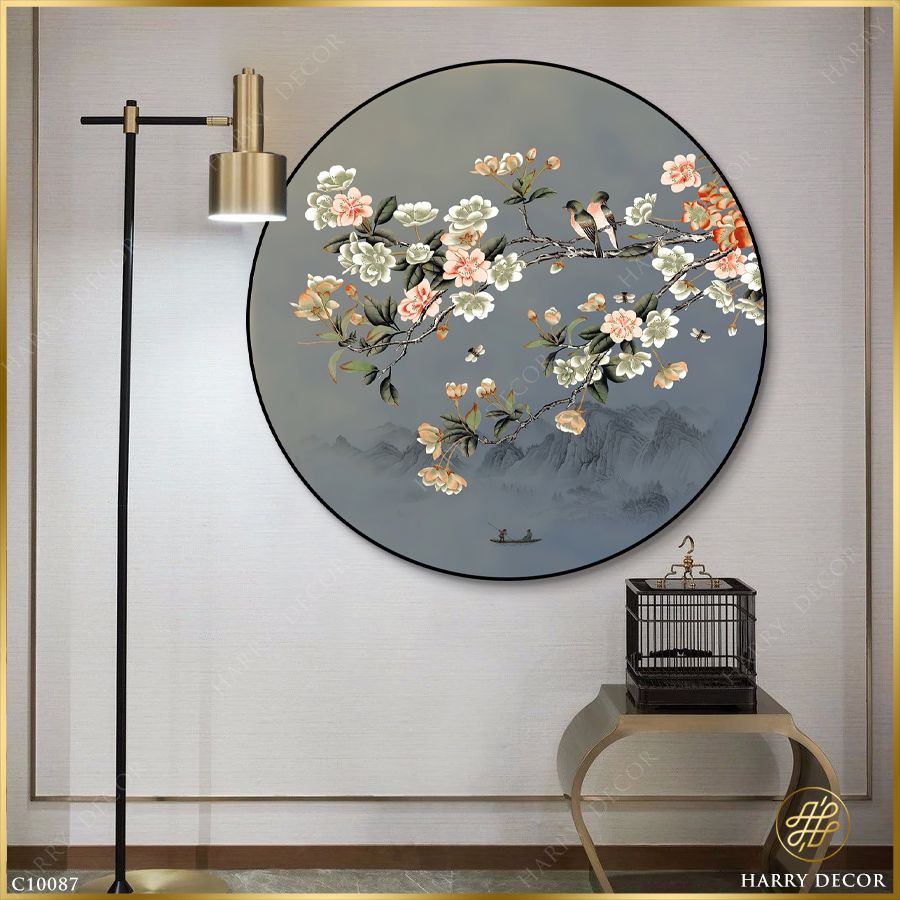  Tranh Tròn Đôi Chim Trên Cành Hoa Xuân Sắc C10087 
