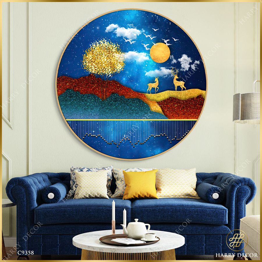  Tranh Tròn Trắng Sáng Soi Bóng Hươu Vàng C9358 