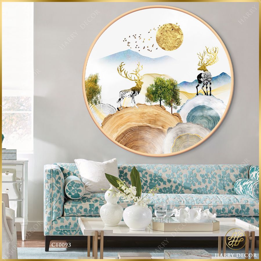  Tranh Tròn Đôi Hươu Hoa Văn Trên Đỉnh Đồi C10093 