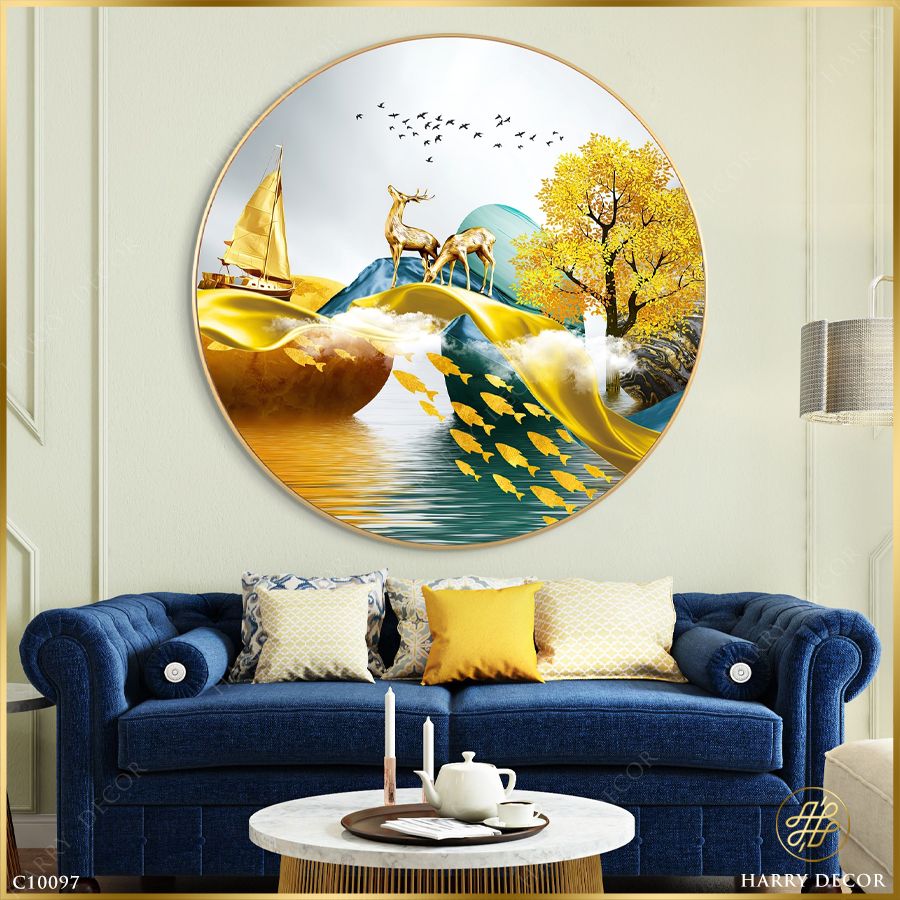  Tranh Tròn Hươu Bên Thuyền Vàng C10097 