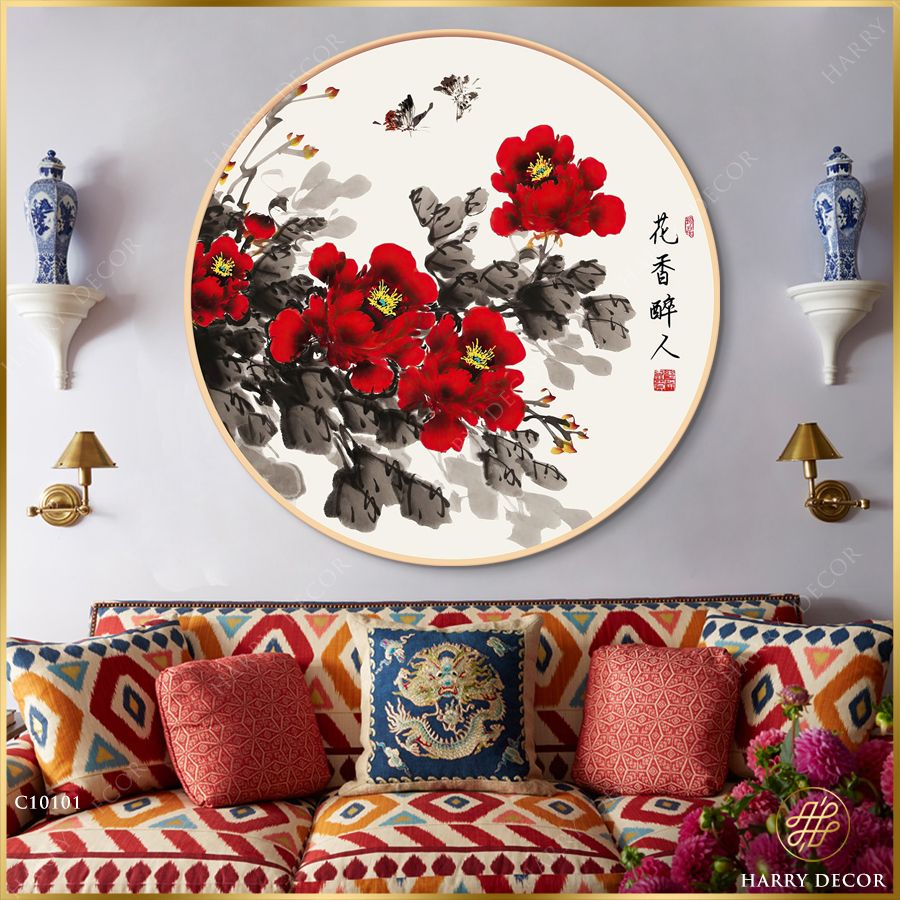  Tranh Tròn Những Đóa Hải Hường Đỏ Thắm C10101 