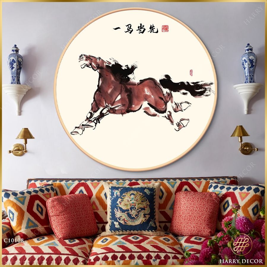 Tranh Tròn Ngựa Hoang Sãi Vóng Dũng Mãnh 2 C10108 