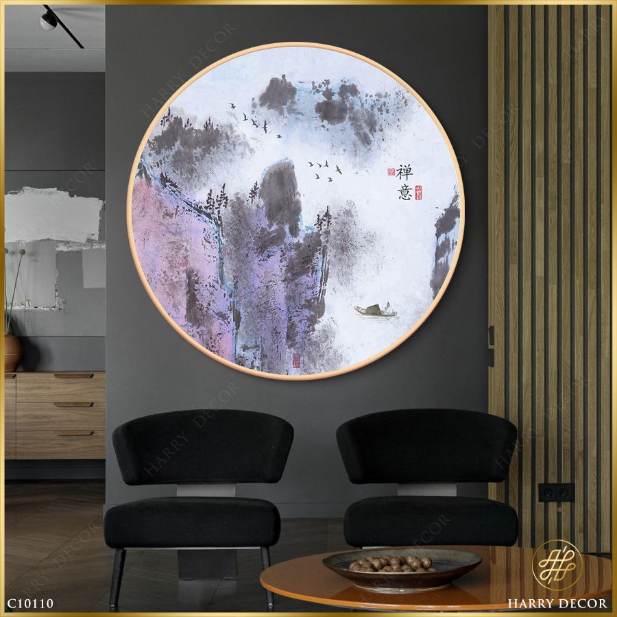  Tranh Tròn Thủy Mặc Sương Sơn 1 C10110 