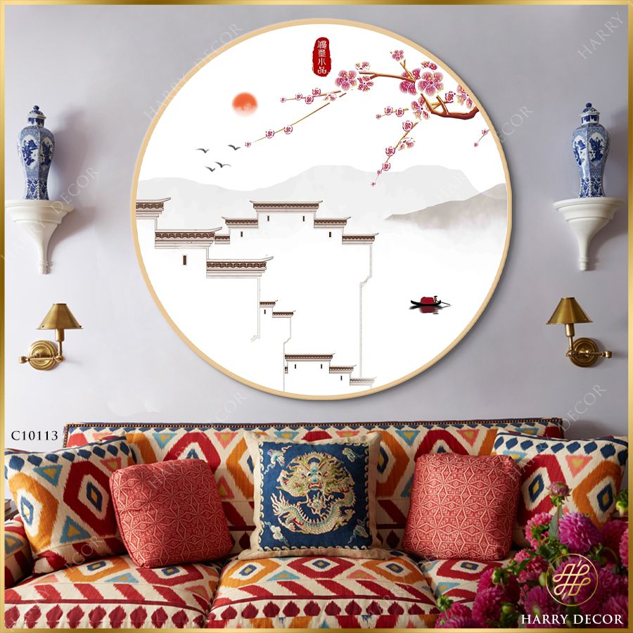  Tranh Tròn Mận Đỏ Mái Đình C10113 