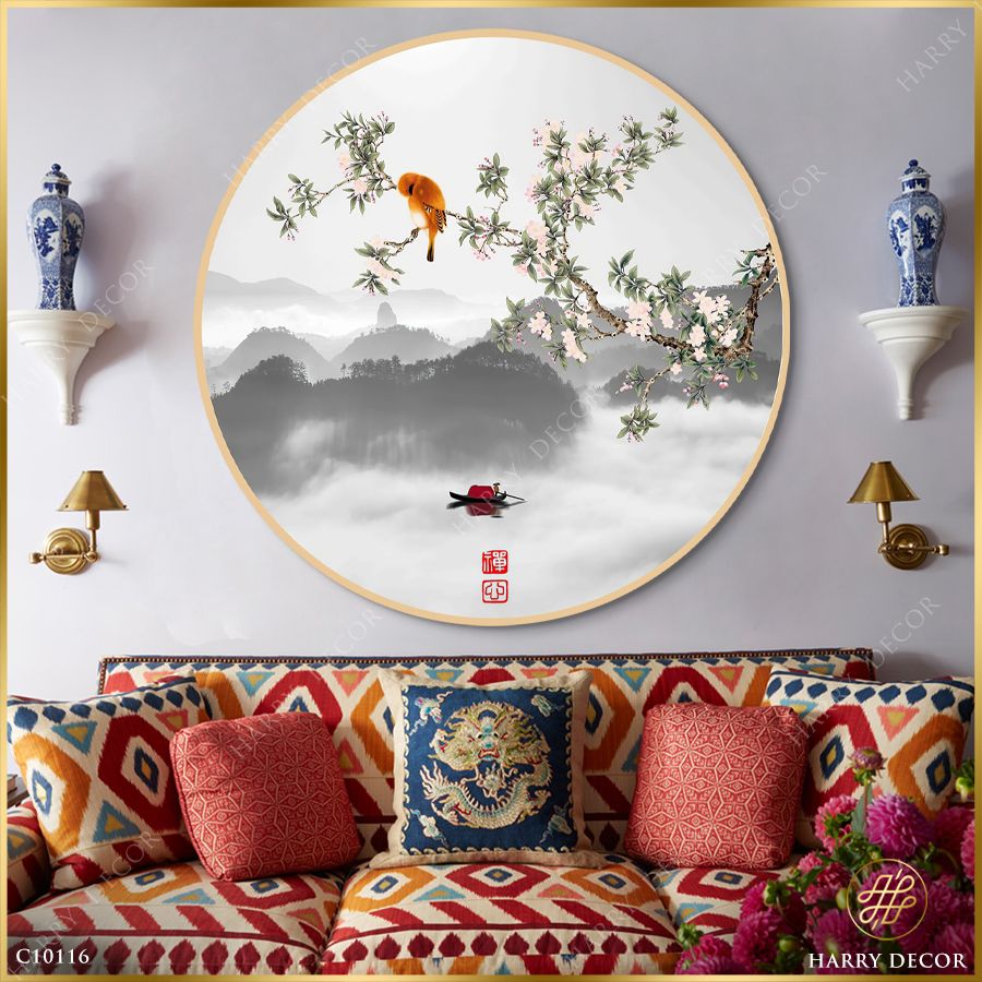  Tranh Tròn Chú Chim Nhỏ Trên Cành Hoa Tỉ Mỉ C10116 