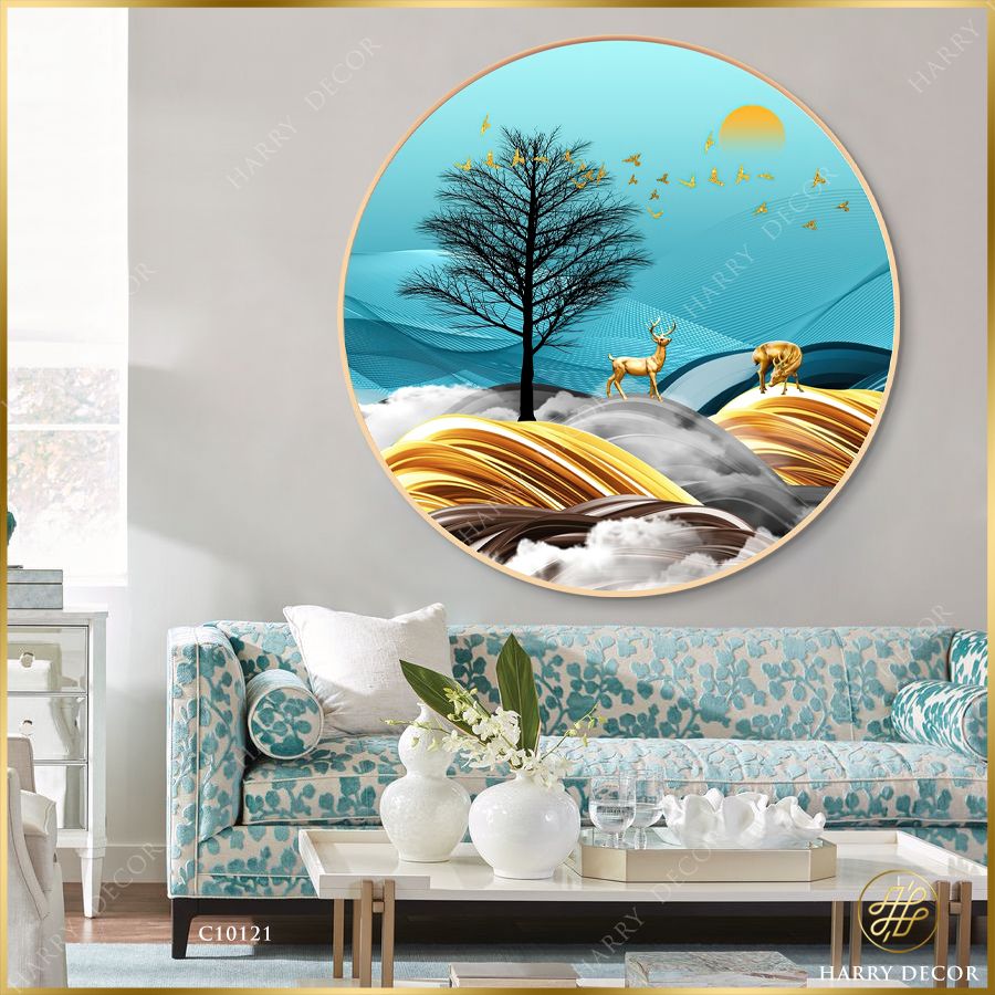  Tranh Tròn Đôi Hươu Trên Thảm Vàng 4 C10121 