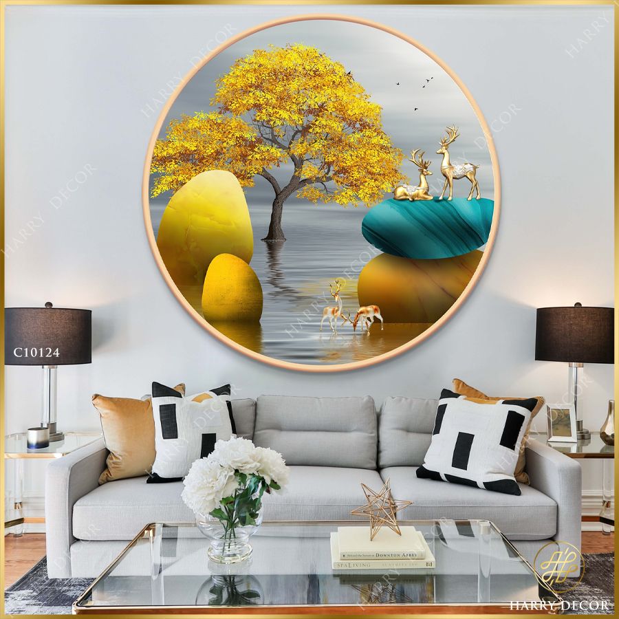  Tranh Tròn Hai Đôi Hươu Bên Suối C10124 