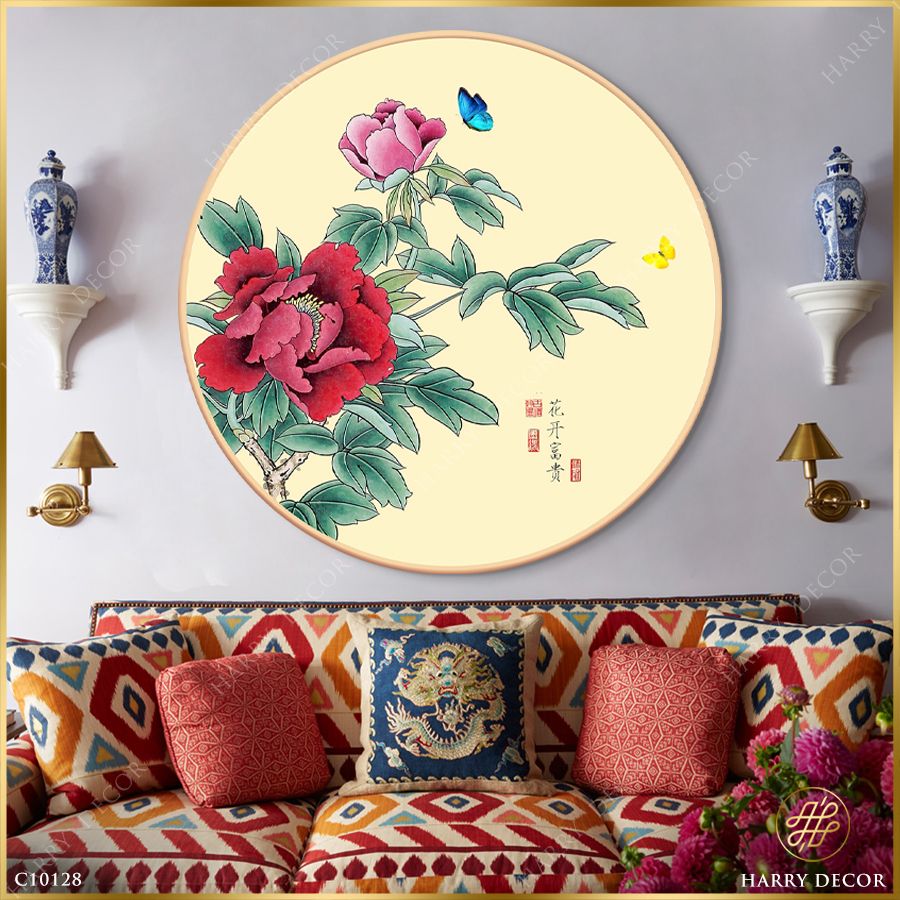  Tranh Tròn Đôi Bướm Bên Sắc Thắm Mẫu Đơn C10118 