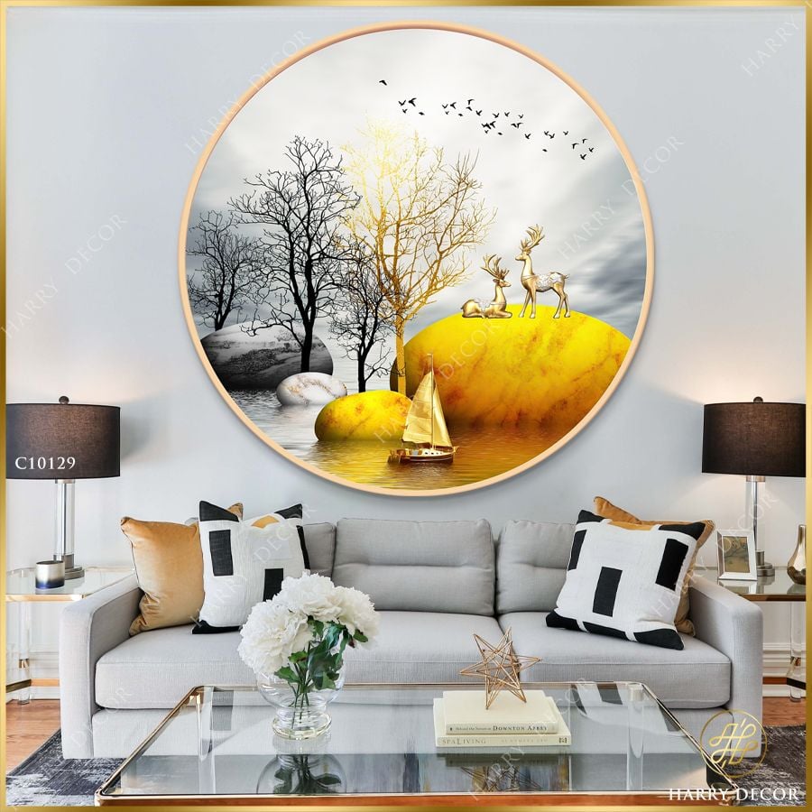  Tranh Tròn Hươu Trên Phiến Đá Vàng 3 C10129 