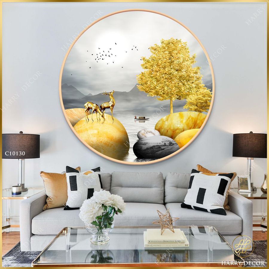  Tranh Tròn Hươu Trên Phiến Đá Vàng 4 C10130 