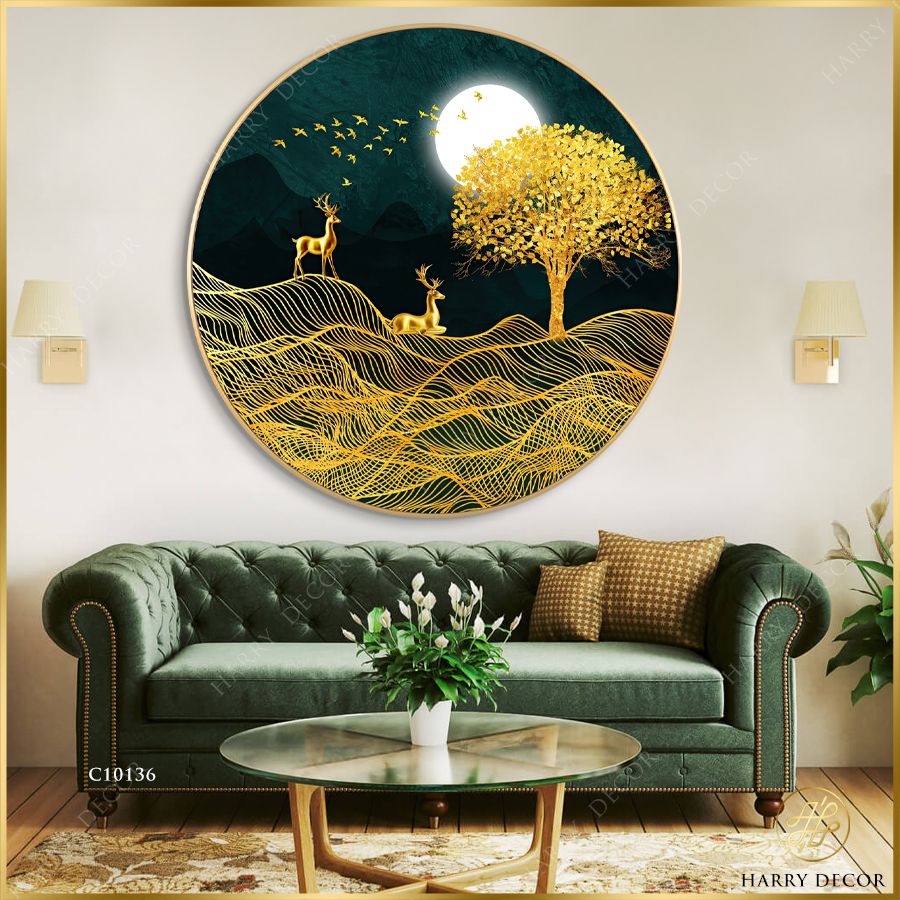  Tranh Tròn Đôi Tuần Lộc Dưới Táng Cây To 4 C10136 