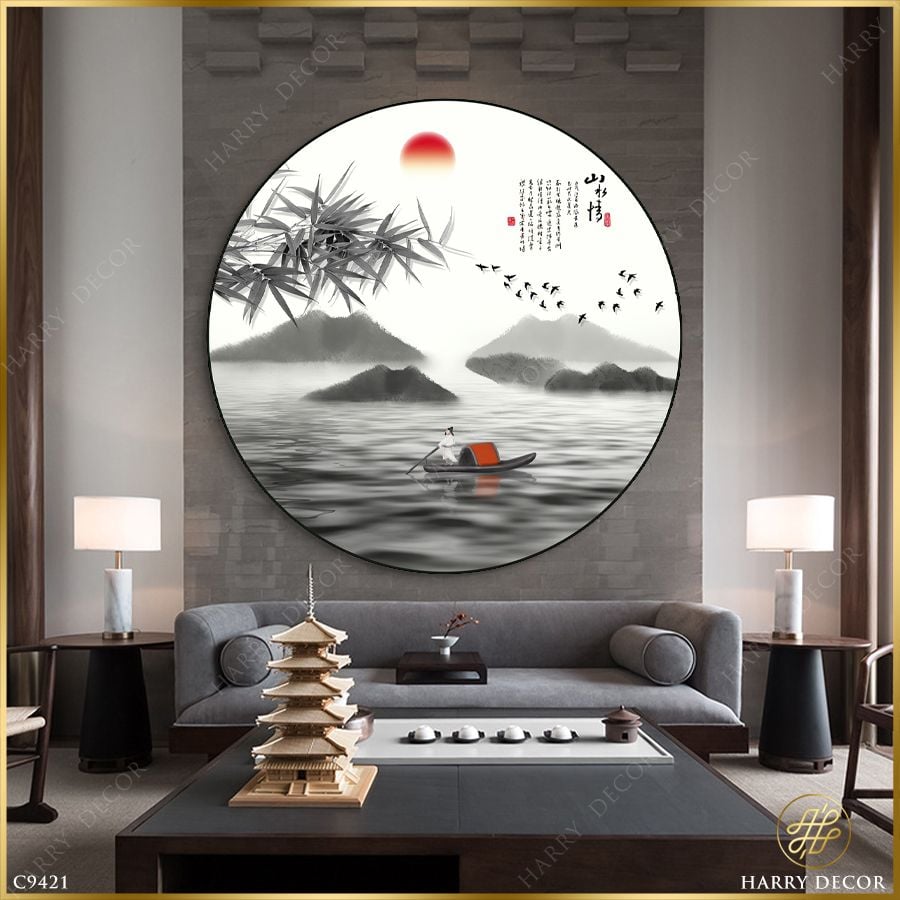  Tranh Tròn Lặng Lẽ Qua Sông Nhành Trúc Rũ C9421 