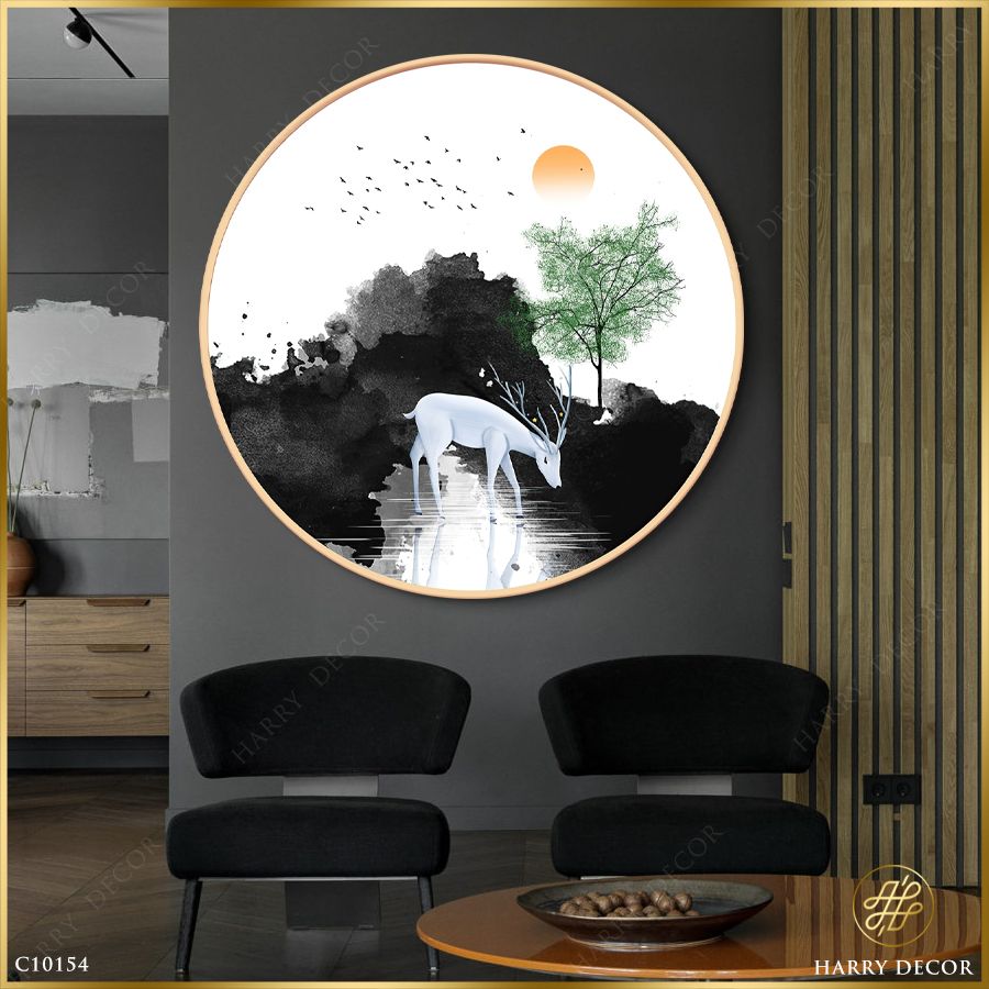  Tranh Tròn Hươu Tuyết Một Mình Bên Bờ Suối C10154 
