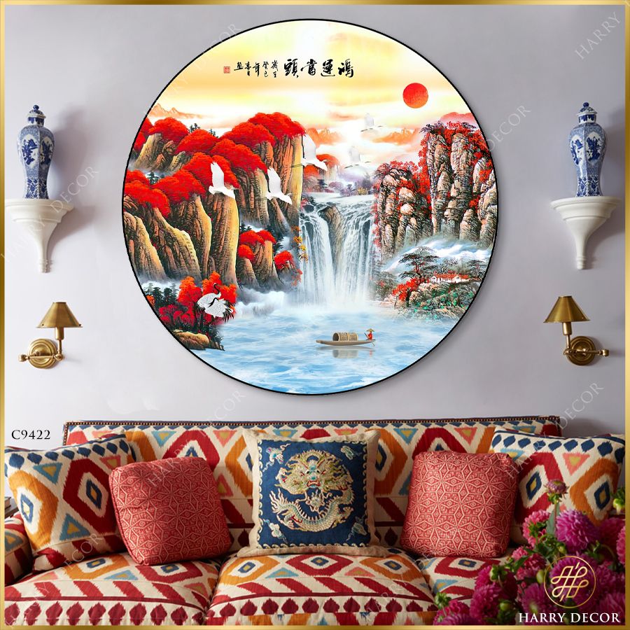  Tranh Tròn Sếu Trắng Bay Trời Son Sắc C9422 