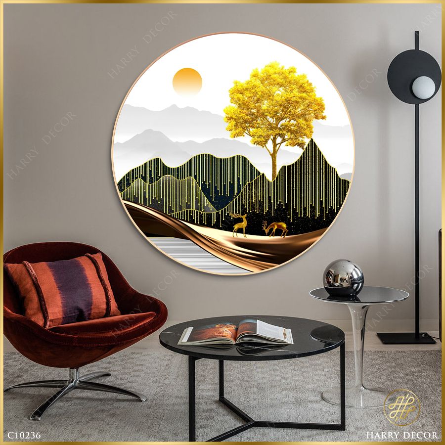  Tranh Tròn Đôi Hươu Trên Thảm Vàng 5 C10236 