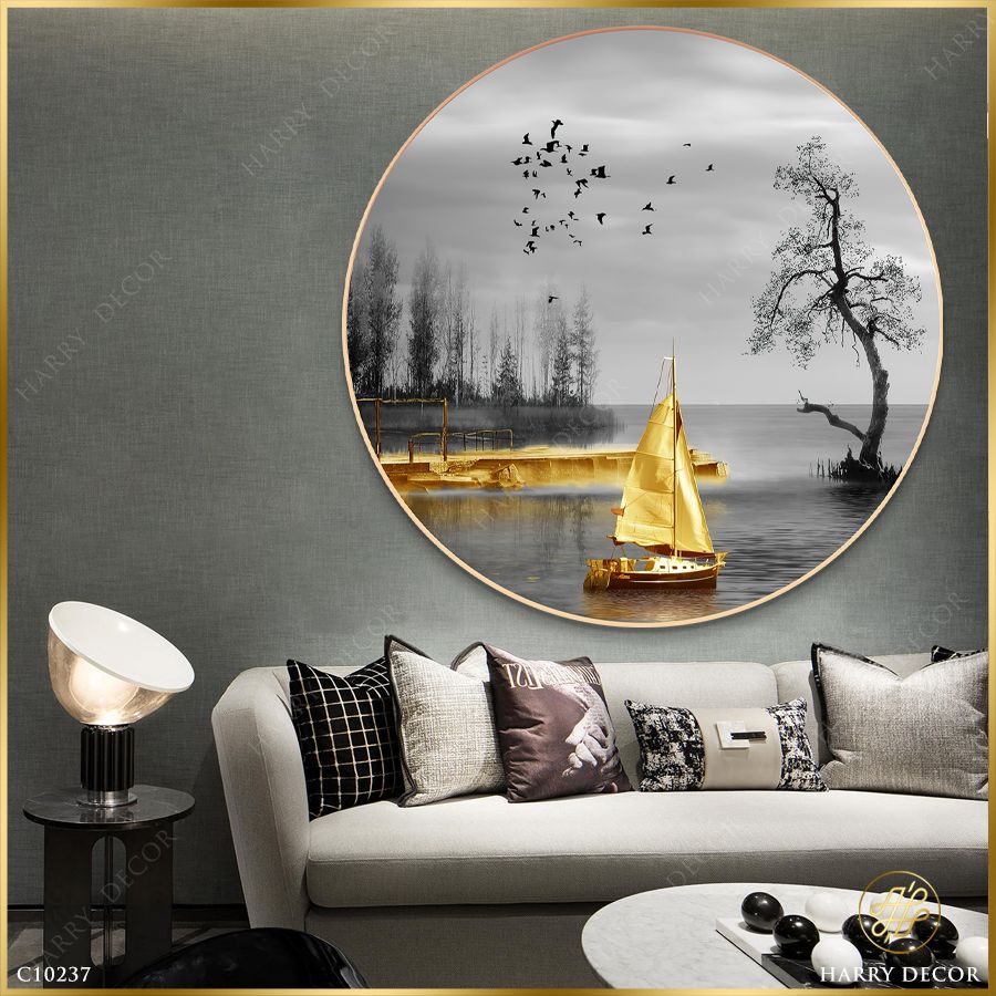  Tranh Tròn Thuyền Vàng Lẳng Lặng Qua Sông C10237 