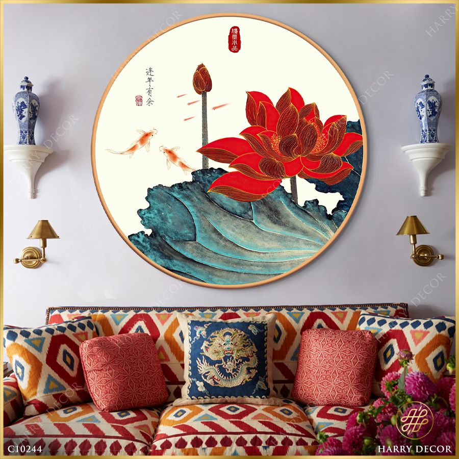  Tranh Tròn Sắc Sen Đỏ Thẳm C10244 