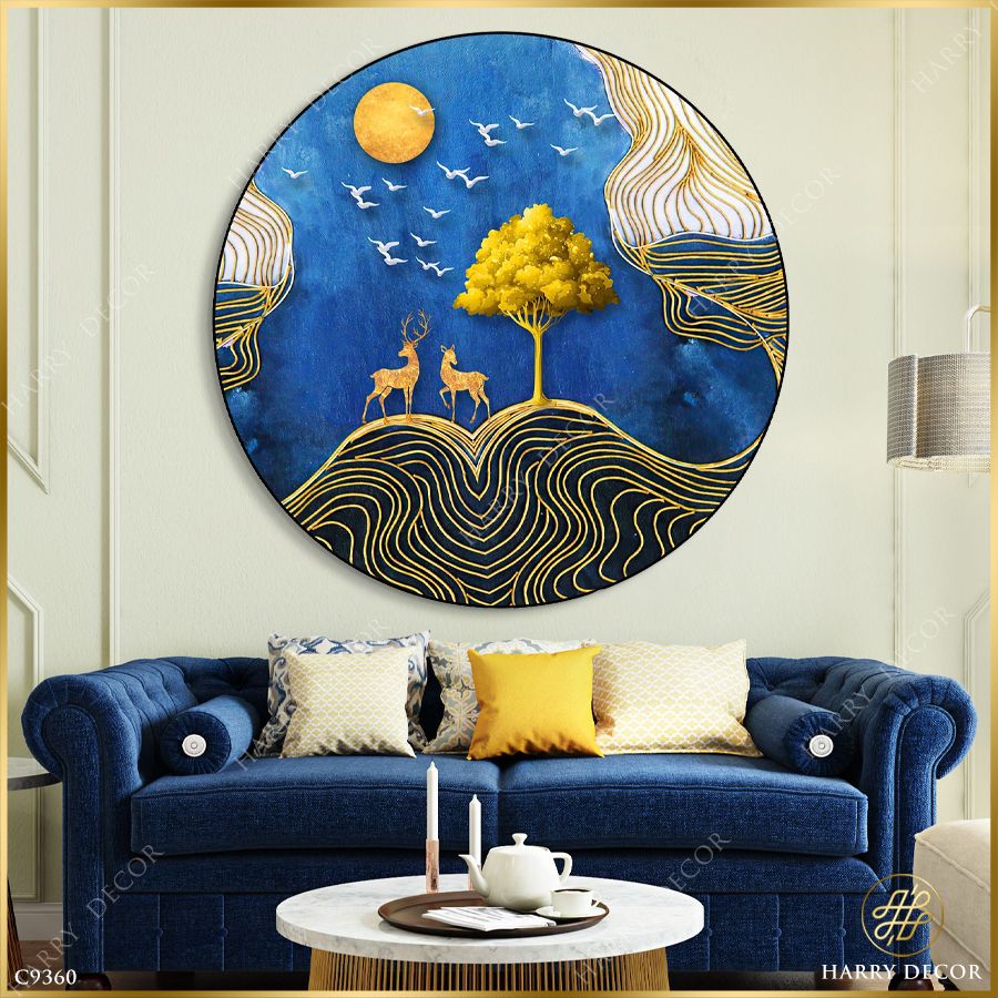  Tranh Tròn Hai Chú Hươu Vàng Trên Đồi Xa C9360 