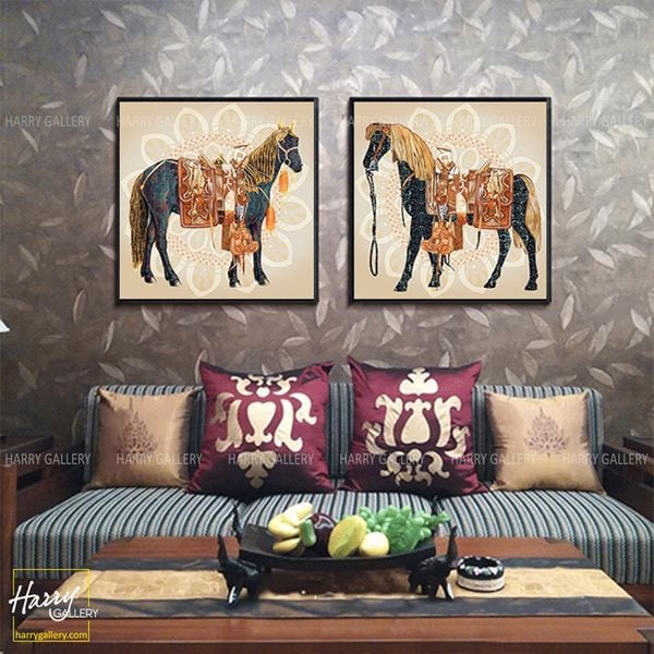  Bộ 2 Tranh Vuông Cặp Đôi Tuấn Mã Hộ Giá C0536 