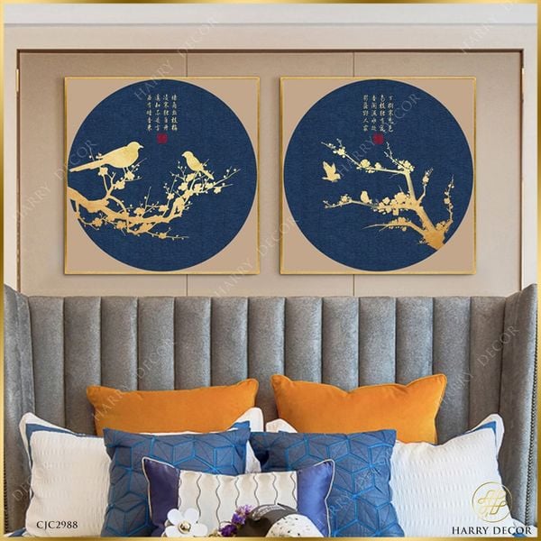  Bộ 2 Tranh Vuông Nhánh Đào Triễu Chim Xuân CJC2988 