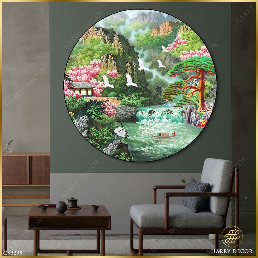  Tranh Tròn Xanh Xanh Dãy Núi Chim Trắng Bay CS9295 