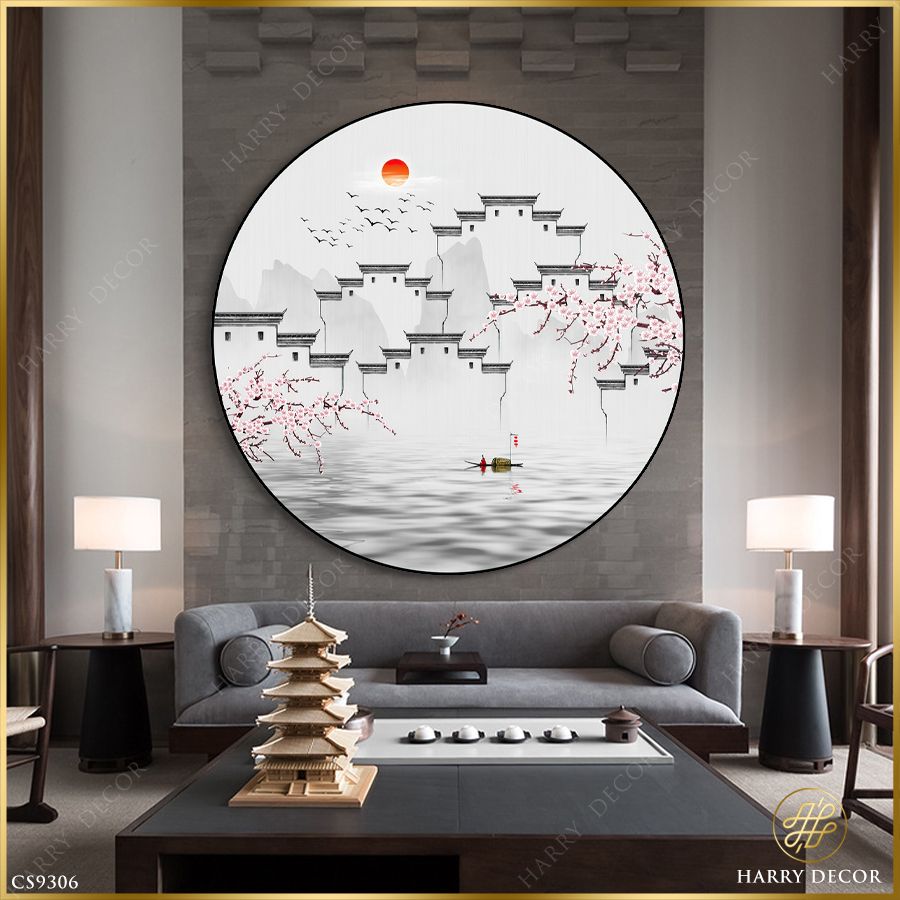  Tranh Tròn Hai Nhánh Hoa Đào Mờ Sương CS9306 