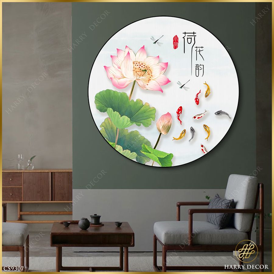  Tranh Tròn Đóa Sen Hồng Thắm Đàn Cá Bơi CS9307 