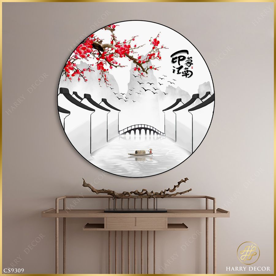  Tranh Tròn Nhánh Đào Hai Bên Mái Đình CS9309 