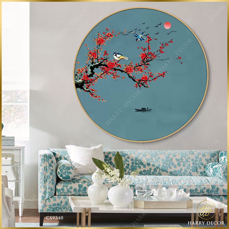  Tranh Tròn Mai Đào Dưới Trăng Chim Quấn Quýt CS9340 