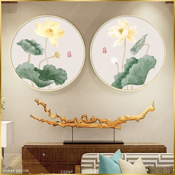  Bộ 2 Tranh Tròn Sen Vàng Lá Xanh CZ3269 