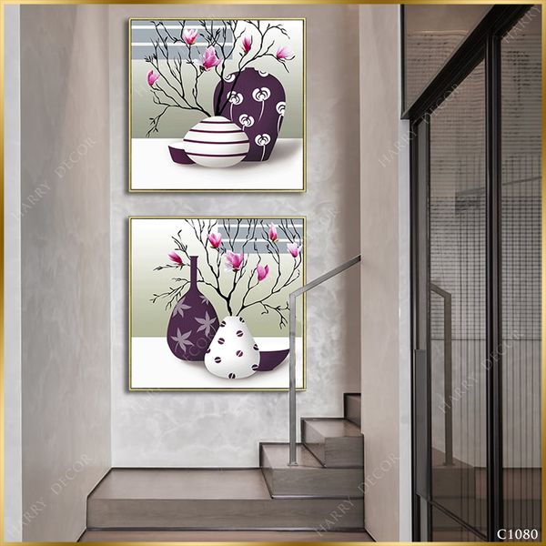  Bộ 2 Tranh Vuông Bình Hoa Mộc Lan C1080 