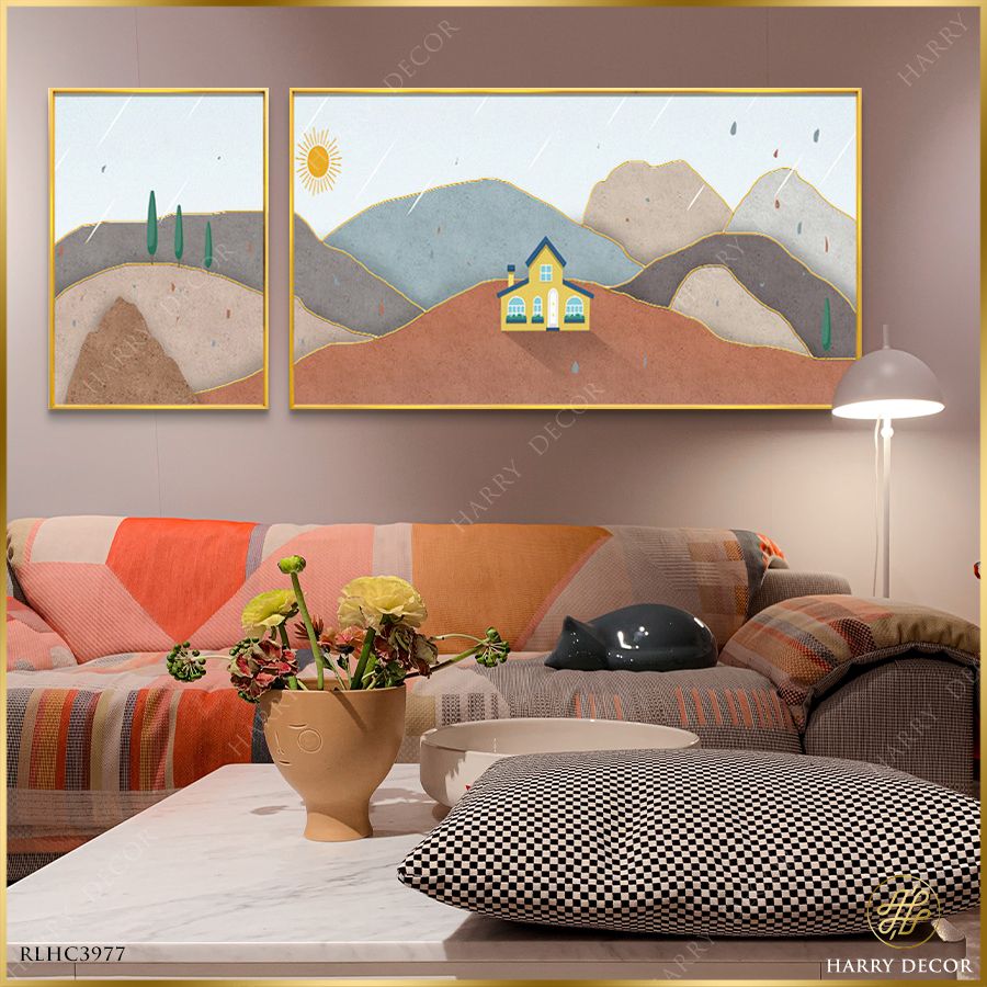  Bộ 2 Tranh Căn Nhà Nhỏ Màu Vàng Trong Chiều Mưa Hạ RLHC3977 