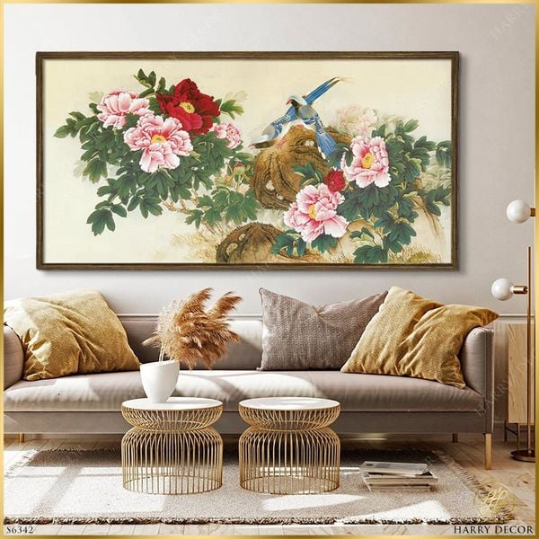  Tranh Đôi Chim Én Trong Bụi Mẫu Đơn S6342 
