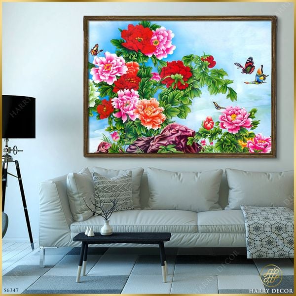  Tranh Đàn Bướm Bay Vờn Gốc Mẫu Đơn S6347 