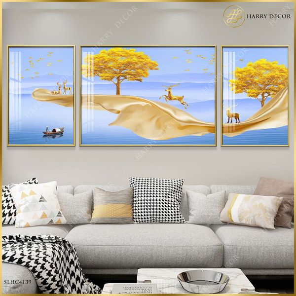  Bộ 3 Tranh Chiều Tím Buông Trên Mặt Sông Núi SLHC4139 