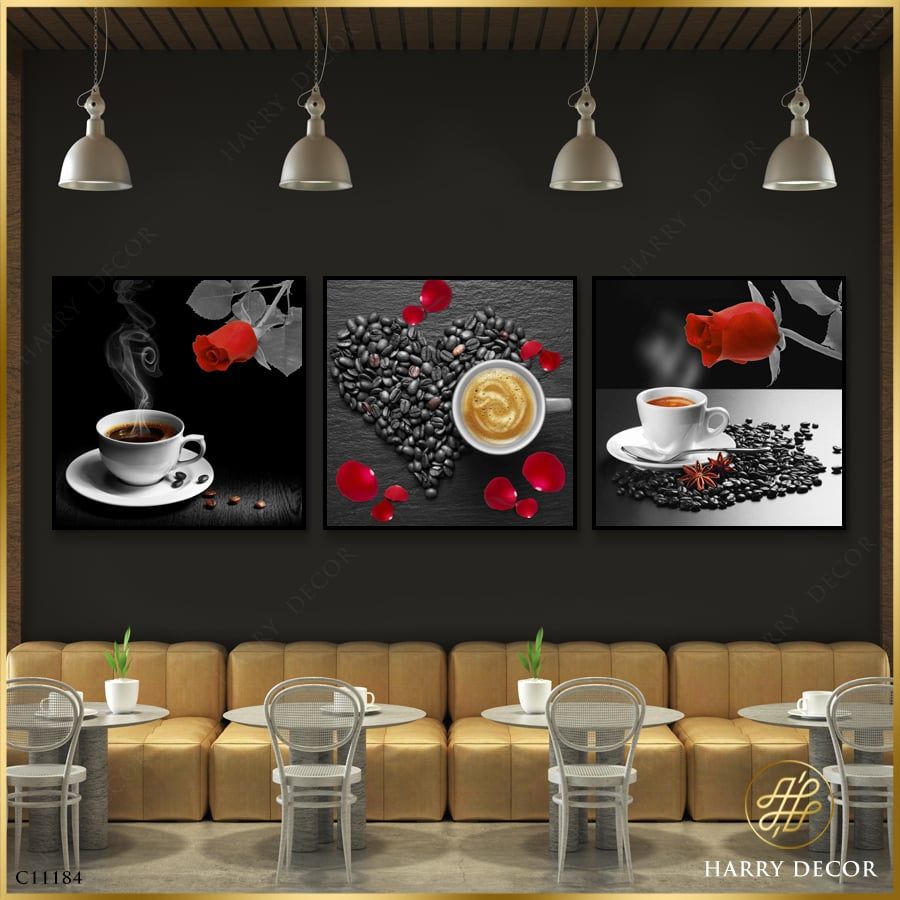  Bộ 3 Tranh Vuông Ly Cà Phê Tỏa Khói C11184 