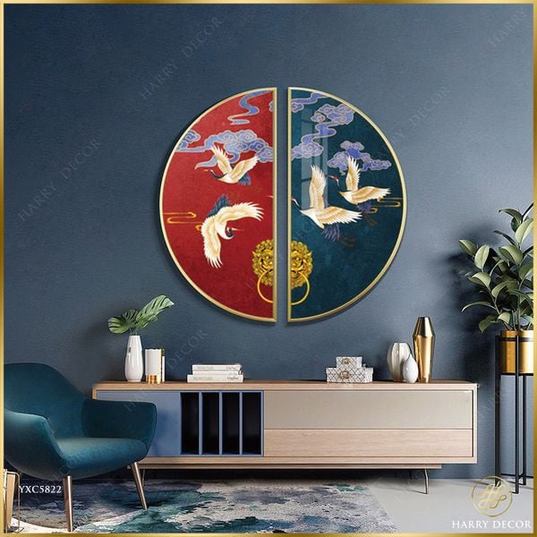  Bộ 2 Tranh Tròn Hạc Và Mây YXC5822 